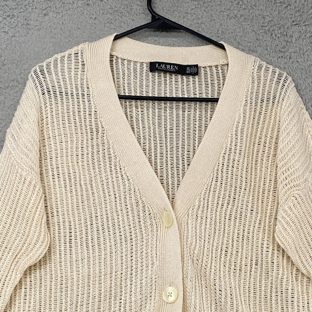 Lauren Ralph Lauren Cardigan Sweater Womens 2X Crochet Open Knit V Neck Cropped - Picture 2 of 13